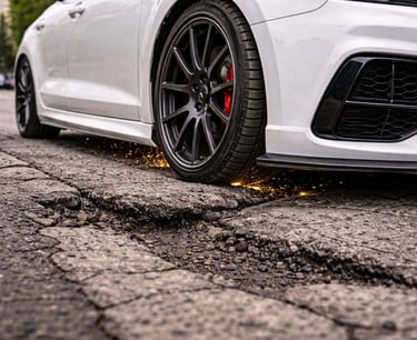 Carro baixo raspando o fundo no asfalto ao passar por rua esburacada em ambiente urbano