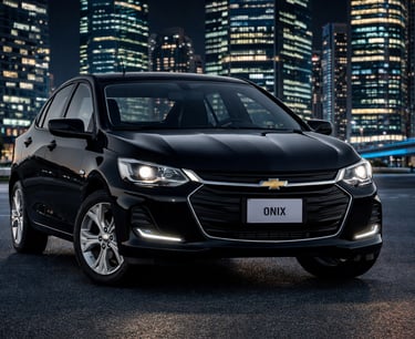 sedans aspirados até 65 mil Chevrolet Onix Plus preto de frente em cidade à noite
