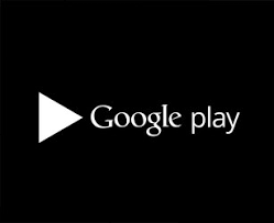 White Google Play Store logo with play icon on a solid black background for mobile app downloads.