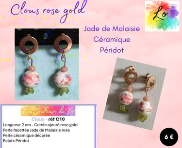 Boucles clous rose gold Jade de Malaisie céramique décorée Péridot Les Couleurs de Lo