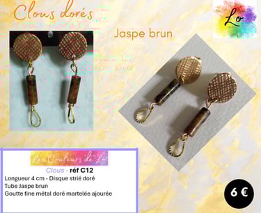 Boucles clous dorés Jaspe brun goutte métal martelé Les Couleurs de Lo