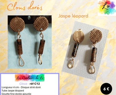Boucles clous dorés Jaspe léopard goutte métal martelé Les Couleurs de Lo