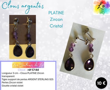 Boucles clous Platine Zircon cristal violet Les Couleurs de Lo