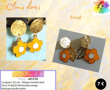 Boucles clous dorés fleur émail orange Les Couleurs de Lo