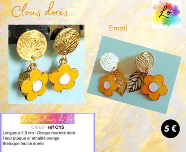 Boucles clous dorés fleur émail orange Les Couleurs de Lo