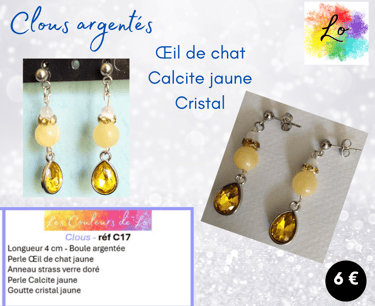 Boucles clous argentés Calcite jaune goutte cristal jaune Les Couleurs de Lo