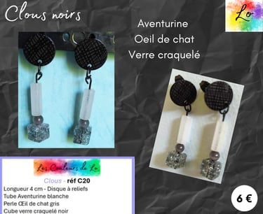 Boucles clous noirs Aventurine Œil de chat verre Les Couleurs de Lo