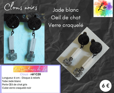 Boucles clous noirs Jade blanc Les Couleurs de Lo