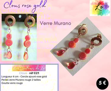 Boucles clous rose gold verre Murano orange Les Couleurs de Lo