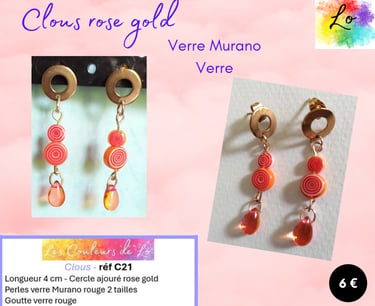 Boucles clous rose gold verre Murano orange Les Couleurs de Lo