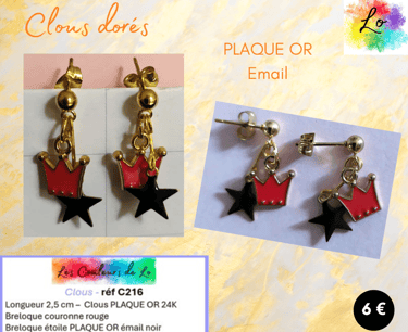 Boucles clous PLAQUE OR étoile émail noir couronne émail rouge Les Couleurs de Lo