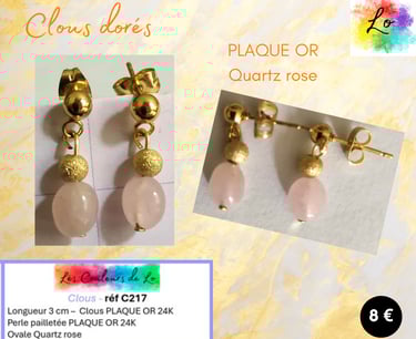 Boucles clous Plaqué or perle pailletée Plaqué or Quartz rose Les Couleurs de Lo