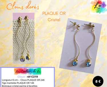 Boucles clous Plaqué or tige Plaqué or strass cristal parme Les Couleurs de Lo