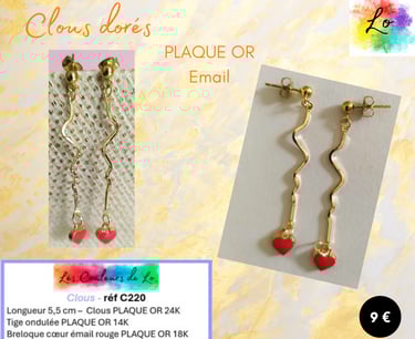 Clous d'oreille Plaqué or tige rigide Plaqué or cœur émail rouge Les Couleurs de Lo