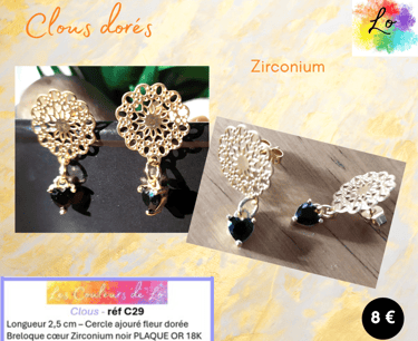 Boucles clous rosace dorée cœur Zirconium noir Les Couleurs de Lo