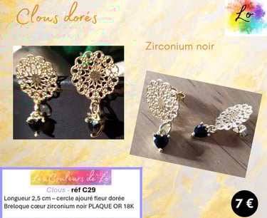 Boucles clous rosace dorée cœur zirconium noir Les Couleurs de Lo
