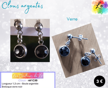 Boucles clous argentés verre noir Les Couleurs de Lo