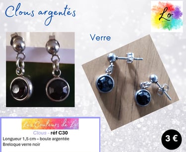 Boucles clous argentés verre noir Les Couleurs de Lo