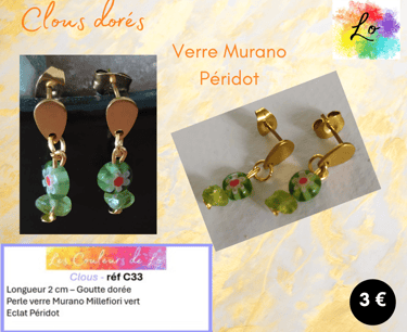 Boucles clous dorés verre  Murano Millefiori Péridot Les Couleurs de Lo