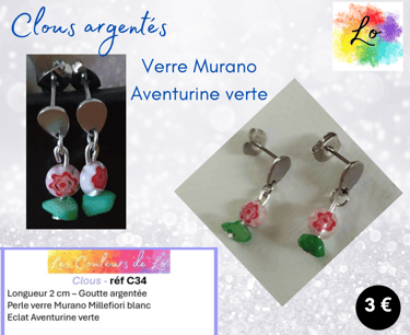 Boucles clous argentés verre Murano Millefiori Aventurine verte Les Couleurs de Lo