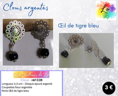 Boucles clous argentés fleur métal Œil de tigre bleu Les Couleurs de Lo
