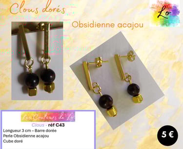 Boucles clous dorés Obsidienne acajou Les Couleurs de Lo