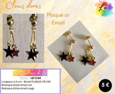 Boucles clous dorés étoiles émail noir émail rouge Les Couleurs de Lo