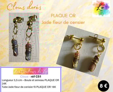 Boucles clous Plaqué or Jade fleur de cerisier Les Couleurs de Lo