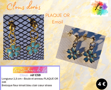 Boucles clous Plaqué or fleur émail bleu clair Les Couleurs de Lo