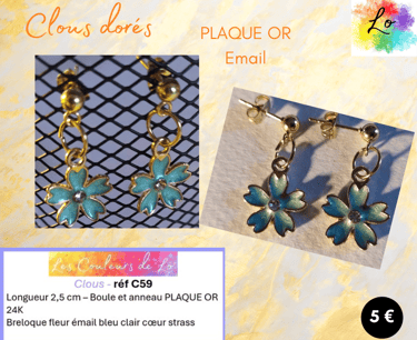 Boucles clous Plaqué or fleur émail bleu clair Les Couleurs de Lo