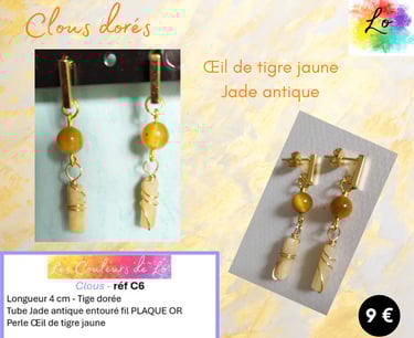 Boucles clous dorés Œil de tigre jaune Jade antique Les Couleurs de Lo