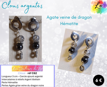 Boucles clous argentés Agate Hématite Les Couleurs de Lo