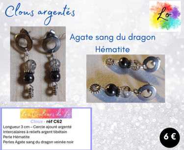 Boucles clous argentés Agate Hématite Les Couleurs de Lo