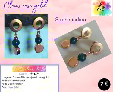 Boucles clous rose gold Saphir indien perle acier Les Couleurs de Lo