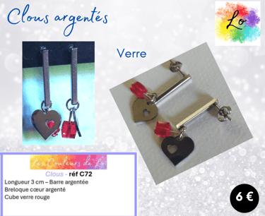 Boucles clous argentés barre acier cœur acier verre rouge Les Couleurs de Lo