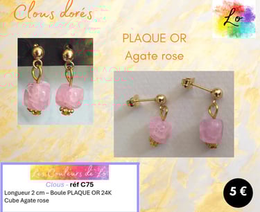 Boucles clous Plaqué or Agate rose Les Couleurs de Lo