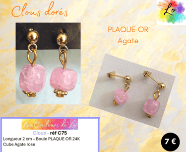 Boucles clous Plaqué or Agate rose Les Couleurs de Lo
