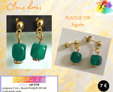 Boucles clous Plaqué or Agate verte Les Couleurs de Lo
