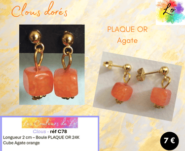 Boucles clous Plaqué or Agate orange Les Couleurs de Lo