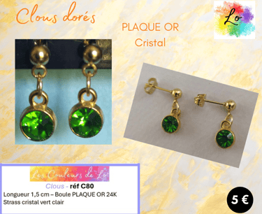 Boucles clous Plaqué or strass cristal vert Les Couleurs de Lo