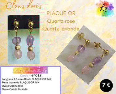 Boucles clous Plaqué or Quartz fraise Quartz lavande perle Plaqué or Les Couleurs de Lo