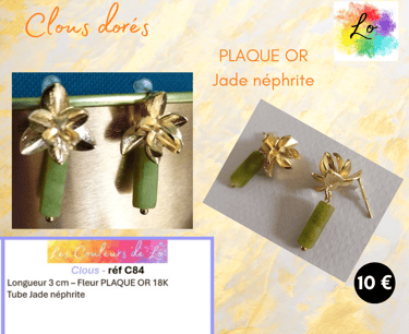 Boucles clous Plaqué or fleur Jade néphrite Les Couleurs de Lo