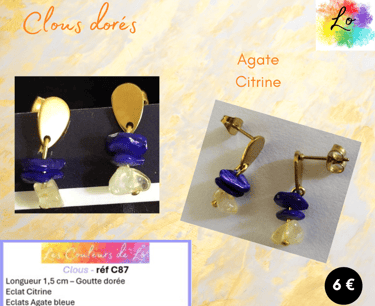 Boucles Clous Agate bleue Citrine Les Couleurs de Lo