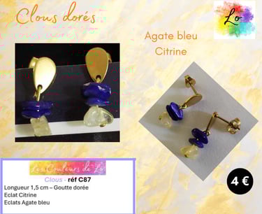 Boucles clous dorés Agate bleue Citrine Les Couleurs de Lo