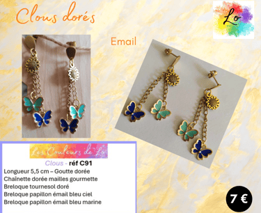 Boucles clous dorés tournesol métal papillons émail bleu Les Couleurs de Lo
