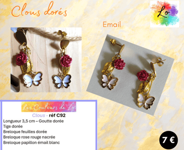 Boucles clous dorés papillon émail blanc rose nacrée Les Couleurs de Lo