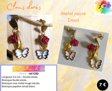 Boucles clous dorés papillon émail blanc rose métal rouge nacré Les Couleurs de Lo