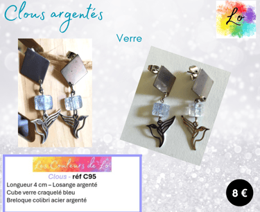 Boucles clous argentés losange acier verre craquelé bleu colibri acier Les Couleurs de Lo