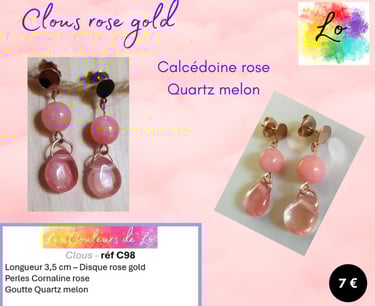 Boucles clous dorés Calcédoine rose Quartz melon Les Couleurs de Lo