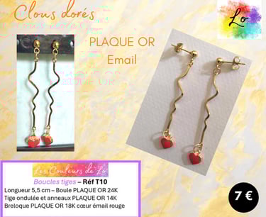 Boucles clous Plaqué or tige cœur émail rouge Les Couleurs de Lo